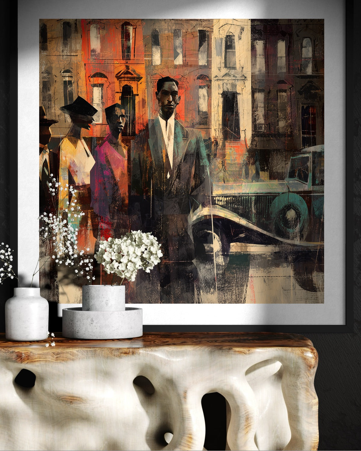 Abstract dark and moody, acrylic style art print of Black people standing on a Harlem sidewalk in front of brownstone buildings with a vintage luxury car parked on the street.