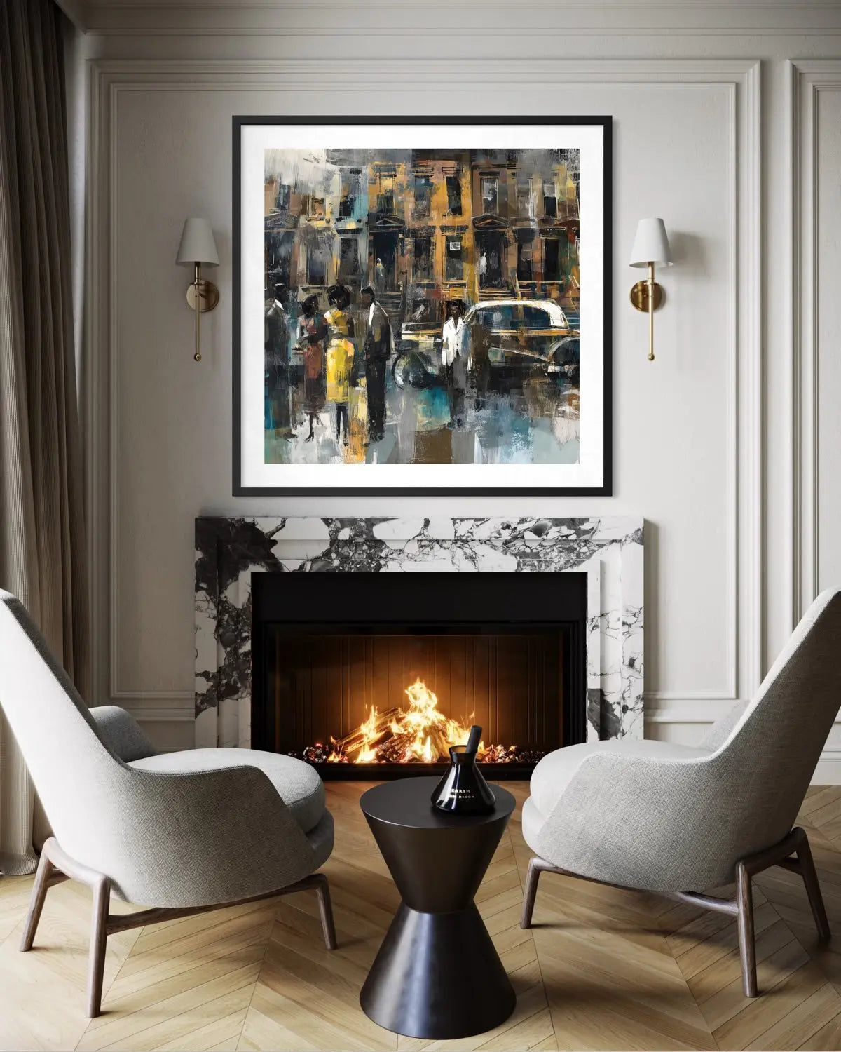 Abstract dark and moody, acrylic style art print of Black people standing on a Harlem sidewalk in front of brownstone buildings with a vintage luxury car parked on the street.