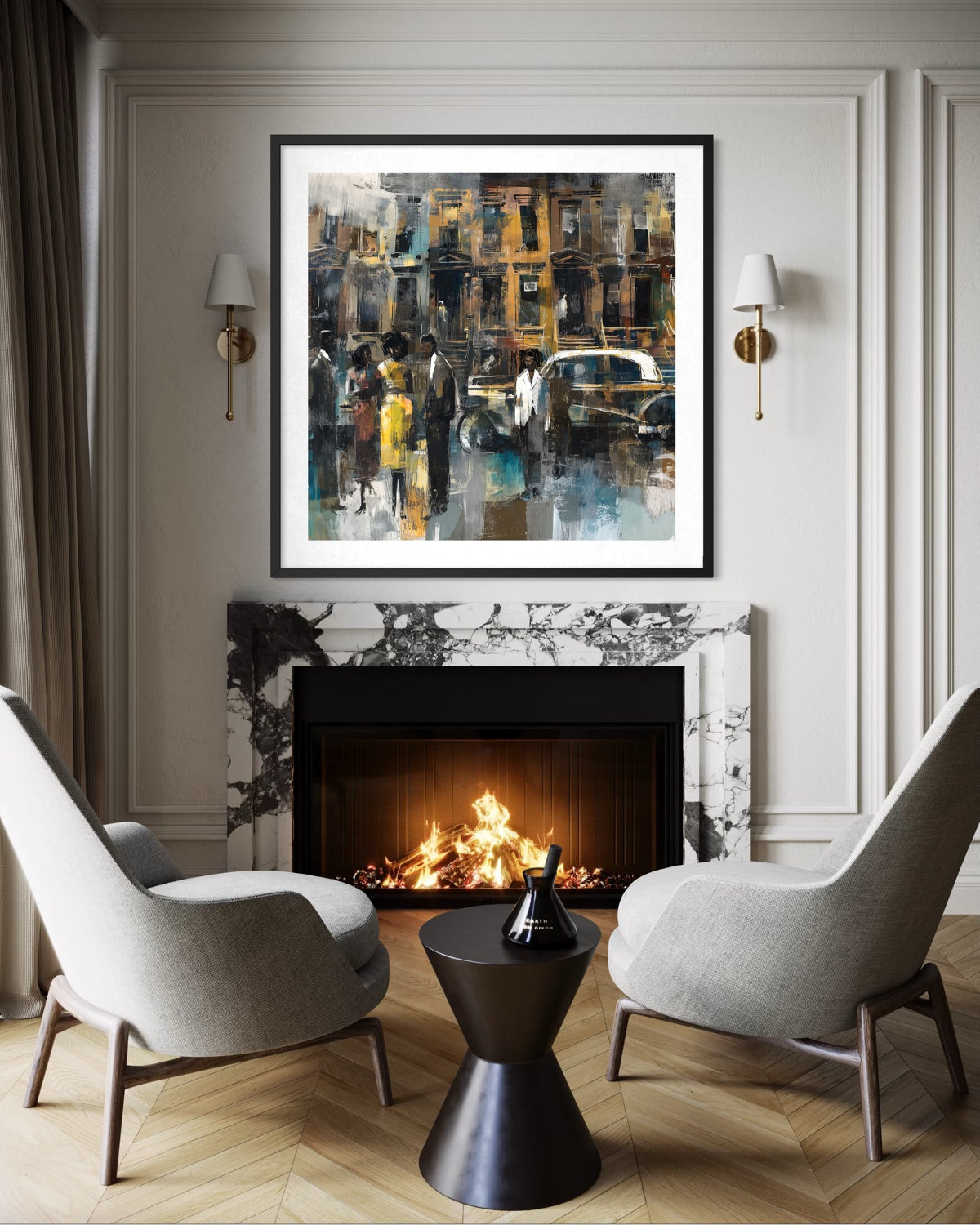 Abstract dark and moody, acrylic style art print of Black people standing on a Harlem sidewalk in front of brownstone buildings with a vintage luxury car parked on the street.