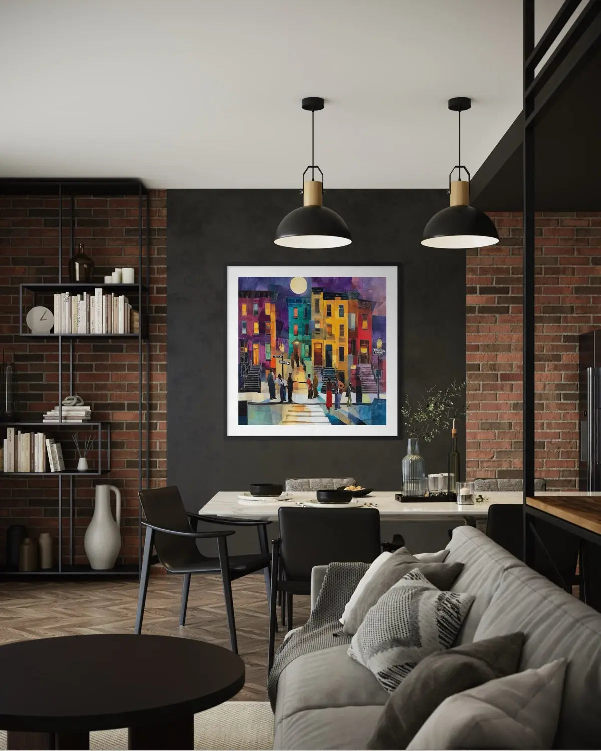Abstract dark and moody, acrylic style art print of Black people standing on a Harlem sidewalk in front of iconic brownstone buildings.