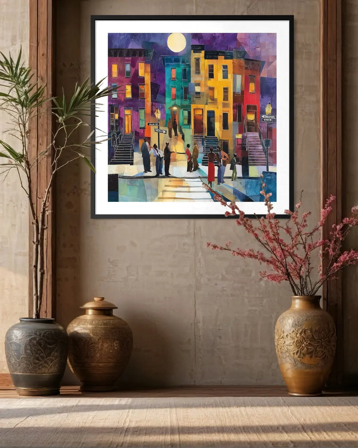 Abstract dark and moody, acrylic style art print of Black people standing on a Harlem sidewalk in front of iconic brownstone buildings.