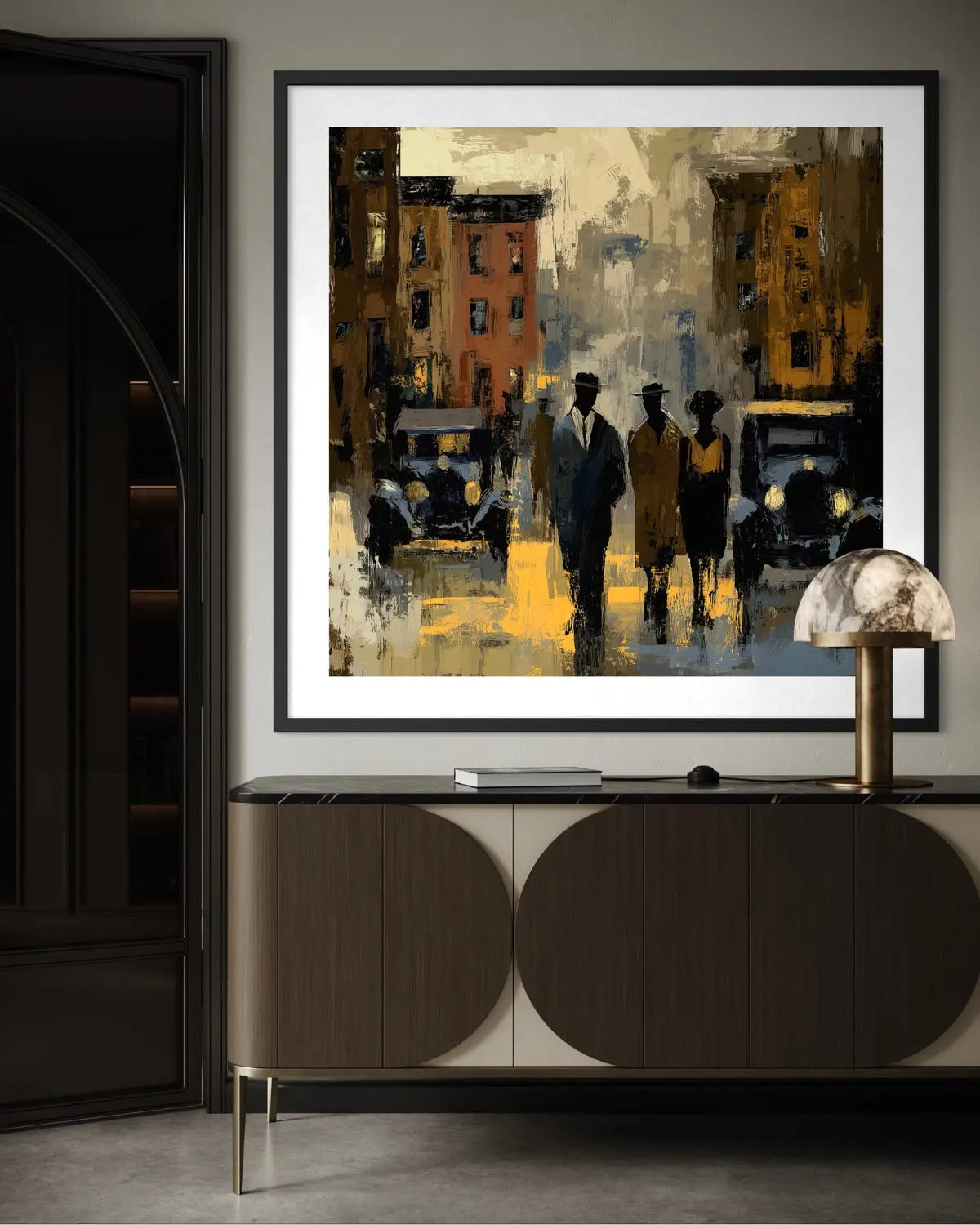 Set of 3 abstract Harlem night art prints featuring Black people socializing on brownstone streets with vintage cars and glowing lights inspired by Harlem nightlife and the Cotton Club.