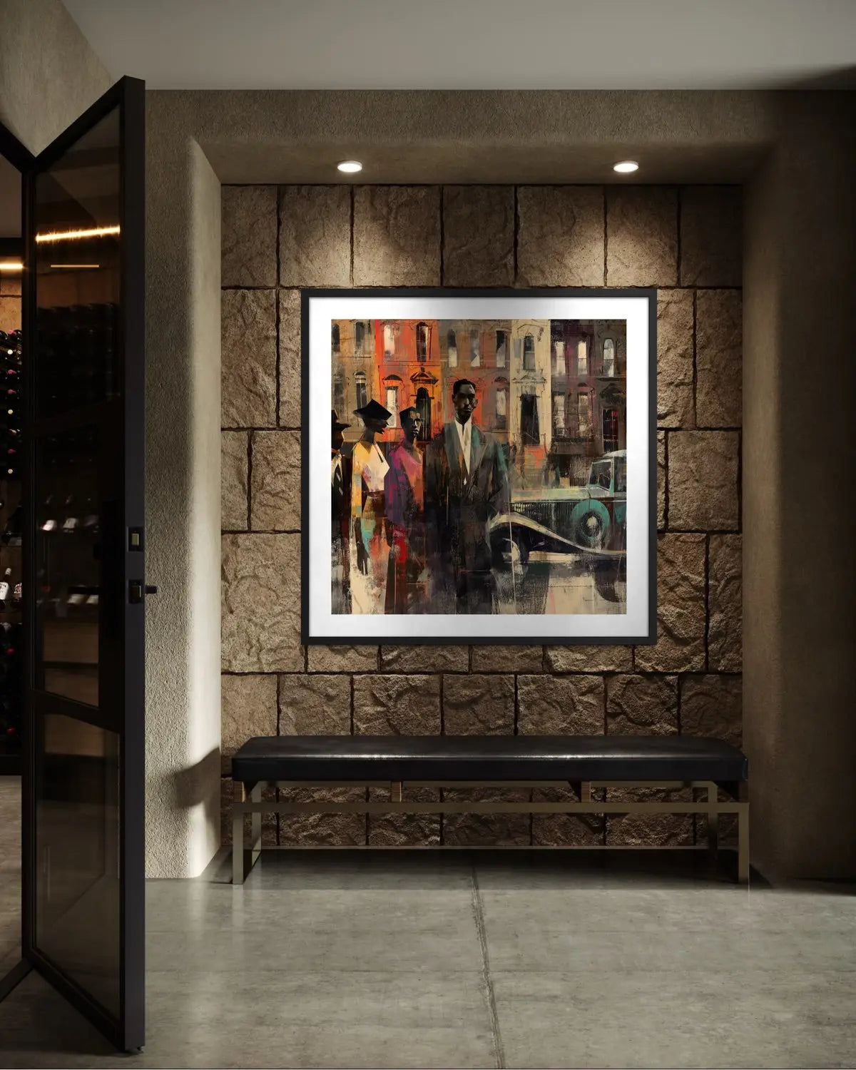 Abstract dark and moody, acrylic style art print of Black people standing on a Harlem sidewalk in front of brownstone buildings with a vintage luxury car parked on the street.