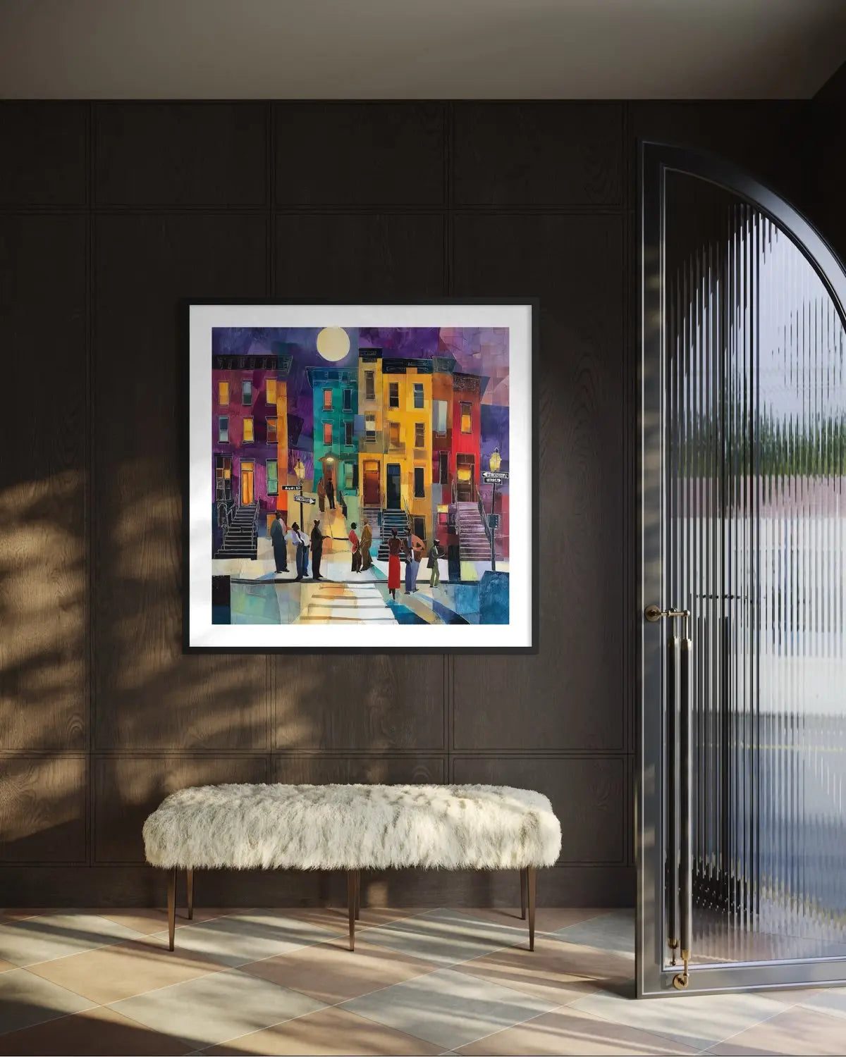 Abstract dark and moody, acrylic style art print of Black people standing on a Harlem sidewalk in front of iconic brownstone buildings.