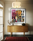 Afrocentric abstract art print capturing the vibrant energy of Harlem, featuring Black street life depicted through silhouette figures. Inspired by patchwork quilting, this piece blends geometric patterns, textured layers, and rich colors for a striking visual representation of everyday life in Harlem.