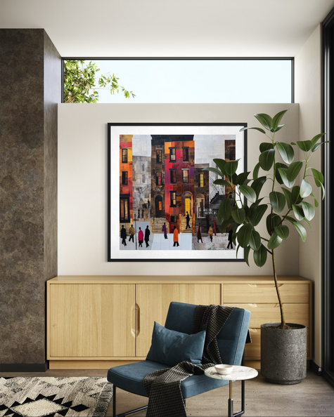 Abstract Afrocentric Harlem street scene art print featuring Black residents standing and socializing in front of historic brownstones in New York City.