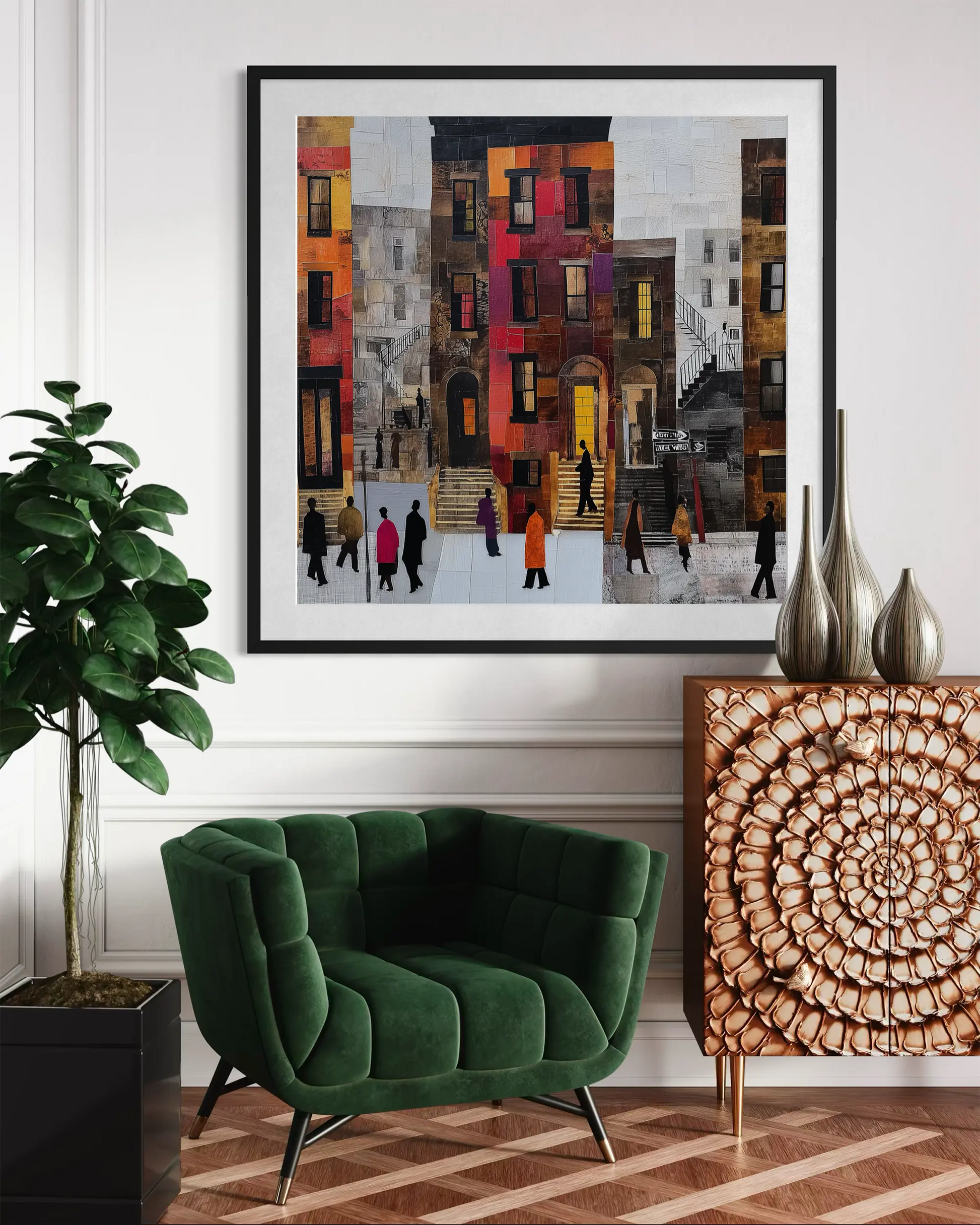 Abstract Afrocentric Harlem street scene art print featuring Black residents standing and socializing in front of historic brownstones in New York City.