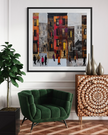 Abstract Afrocentric Harlem street scene art print featuring Black residents standing and socializing in front of historic brownstones in New York City.