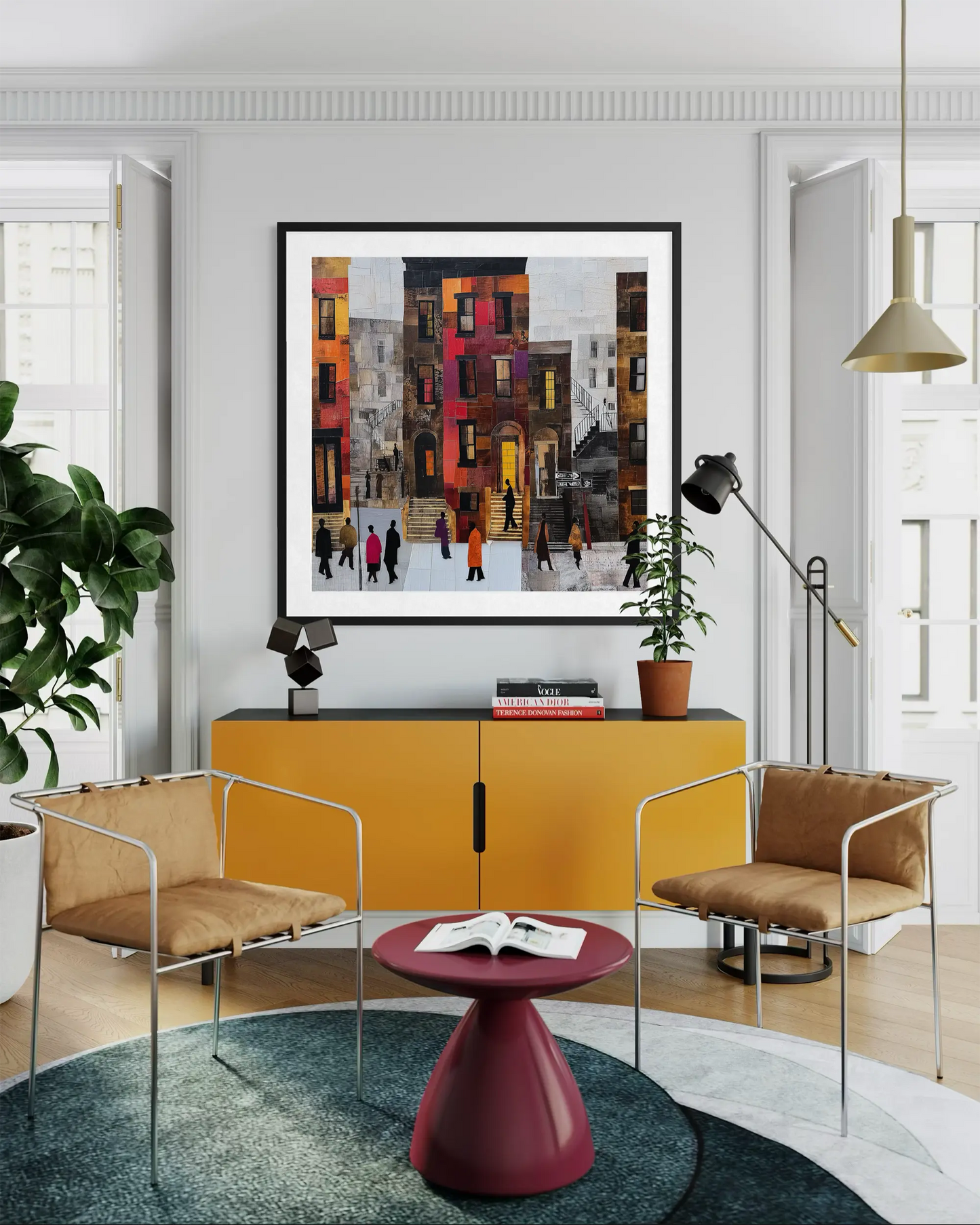 Abstract Afrocentric Harlem street scene art print featuring Black residents standing and socializing in front of historic brownstones in New York City.