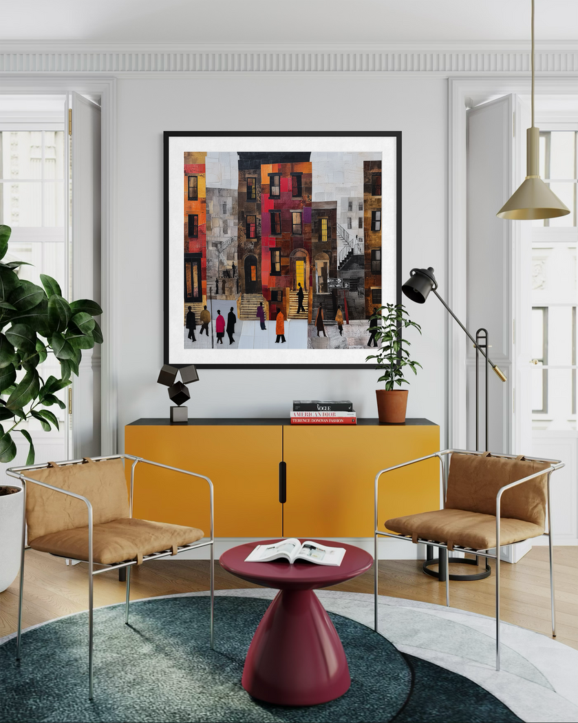 Abstract Afrocentric Harlem street scene art print featuring Black residents standing and socializing in front of historic brownstones in New York City.