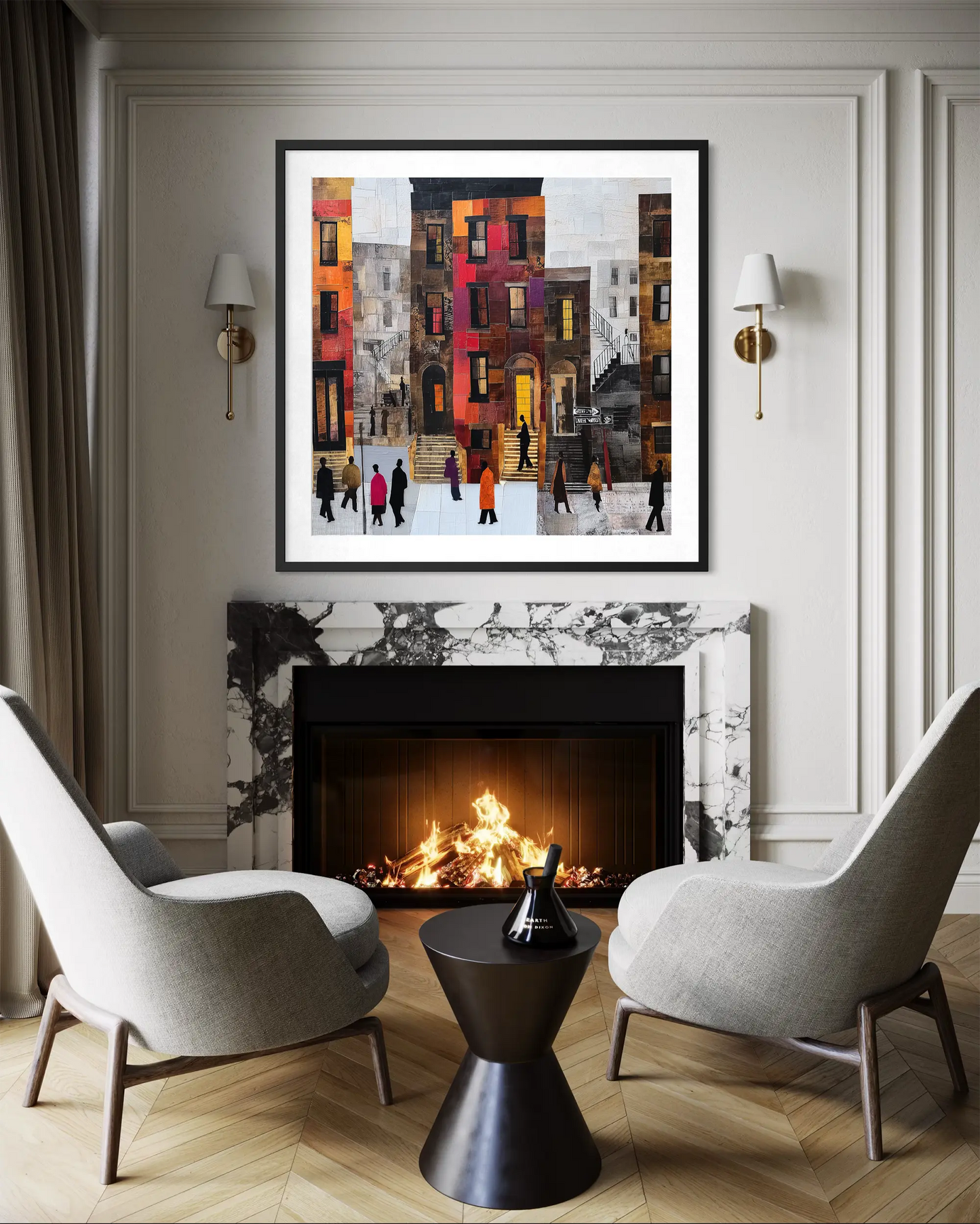 Abstract Afrocentric Harlem street scene art print featuring Black residents standing and socializing in front of historic brownstones in New York City.