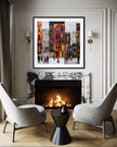 Abstract Afrocentric Harlem street scene art print featuring Black residents standing and socializing in front of historic brownstones in New York City.