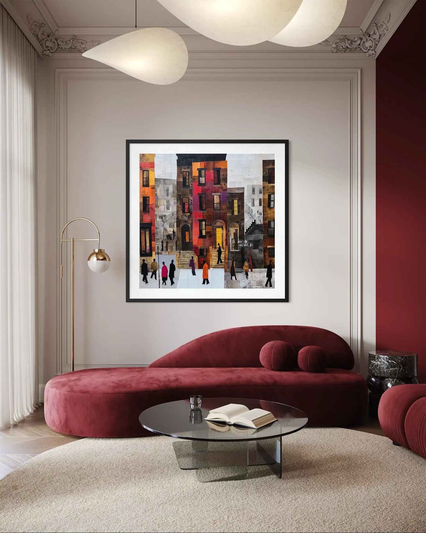 Abstract Afrocentric Harlem street scene art print featuring Black residents standing and socializing in front of historic brownstones in New York City.