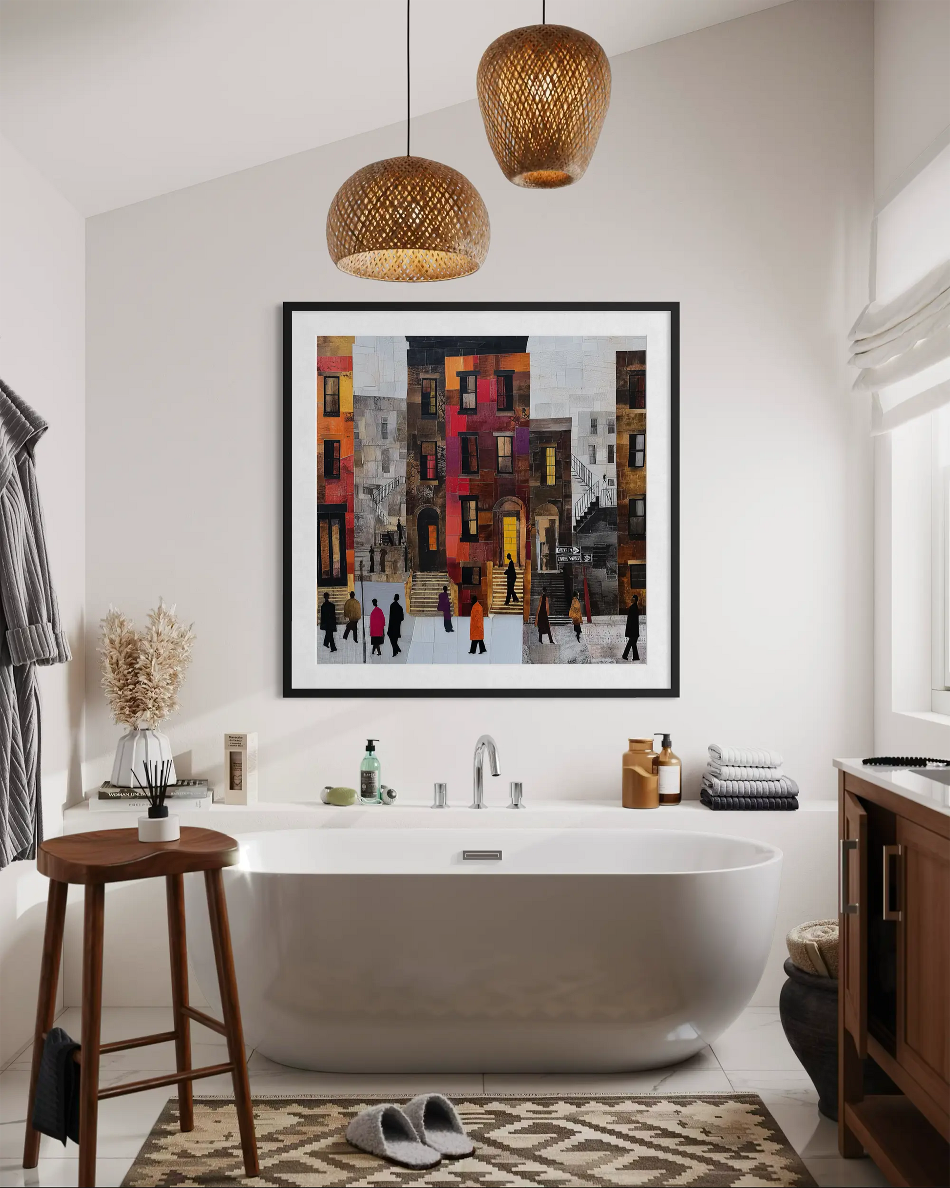 Abstract Afrocentric Harlem street scene art print featuring Black residents standing and socializing in front of historic brownstones in New York City.