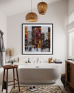 Abstract Afrocentric Harlem street scene art print featuring Black residents standing and socializing in front of historic brownstones in New York City.