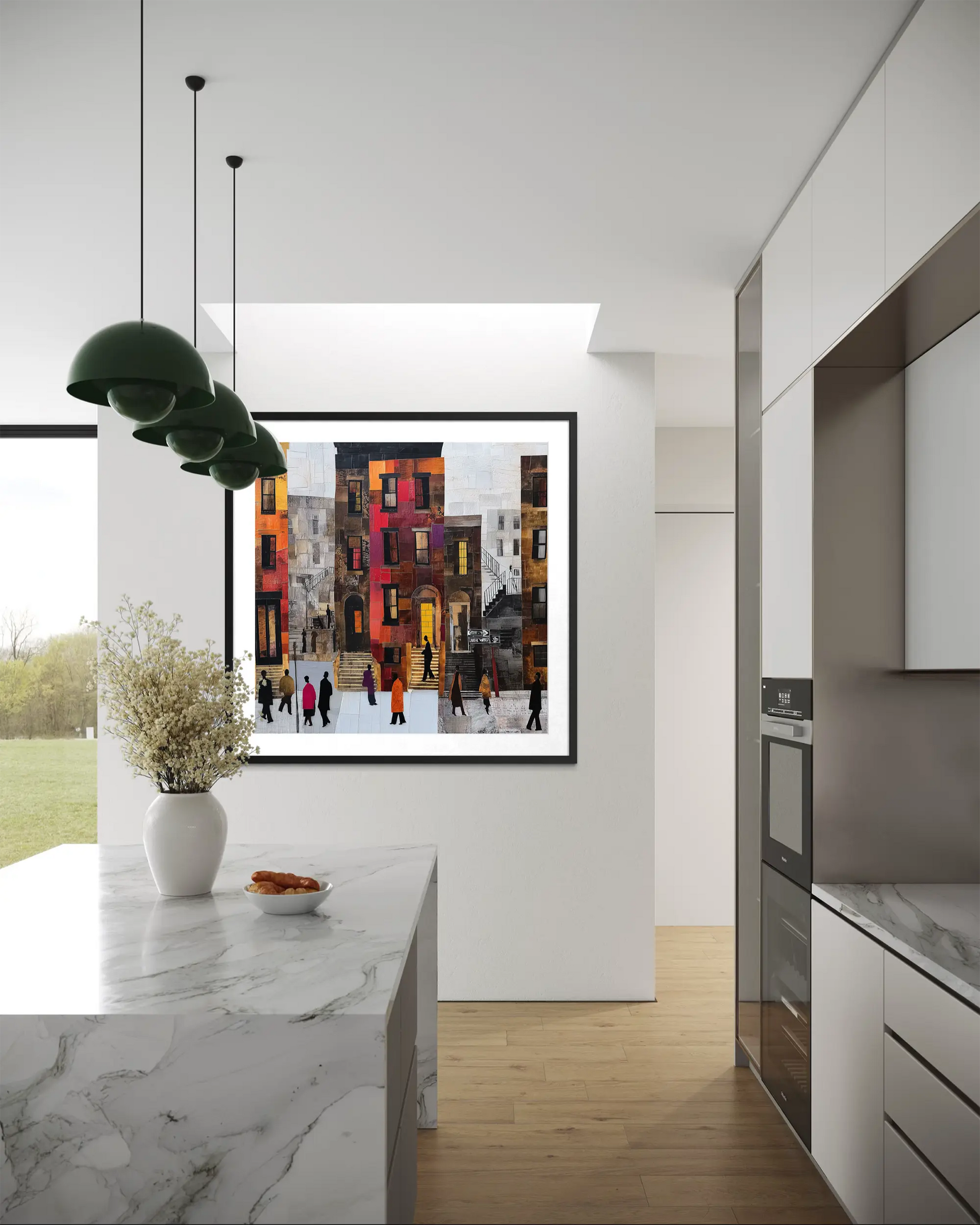 Abstract Afrocentric Harlem street scene art print featuring Black residents standing and socializing in front of historic brownstones in New York City.
