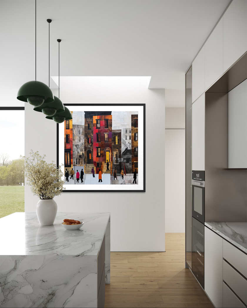 Abstract Afrocentric Harlem street scene art print featuring Black residents standing and socializing in front of historic brownstones in New York City.
