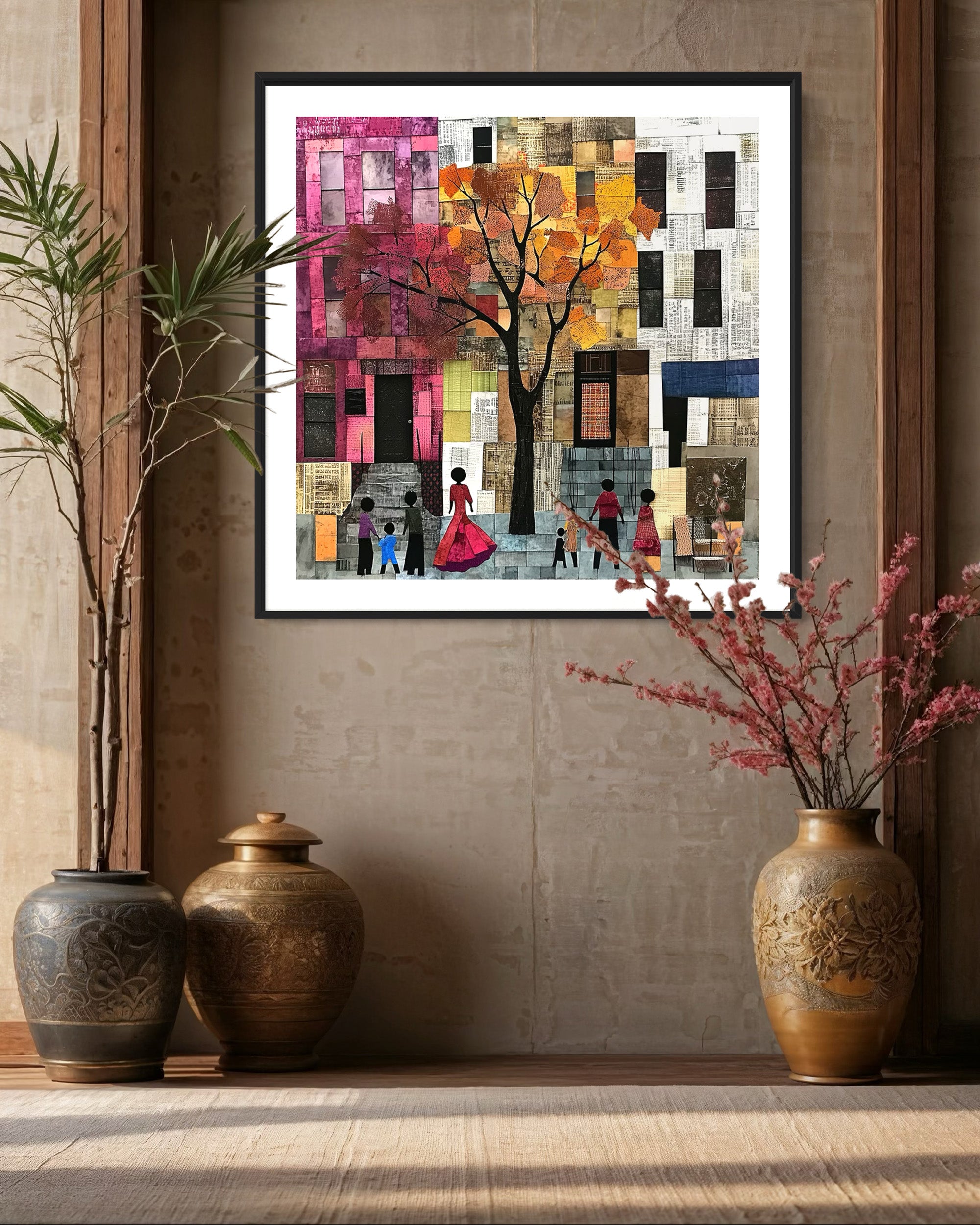 Afrocentric abstract art print capturing the vibrant energy of Harlem, featuring Black street life depicted through silhouette figures. Inspired by patchwork quilting, this piece blends geometric patterns, textured layers, and rich colors for a striking visual representation of everyday life in Harlem.