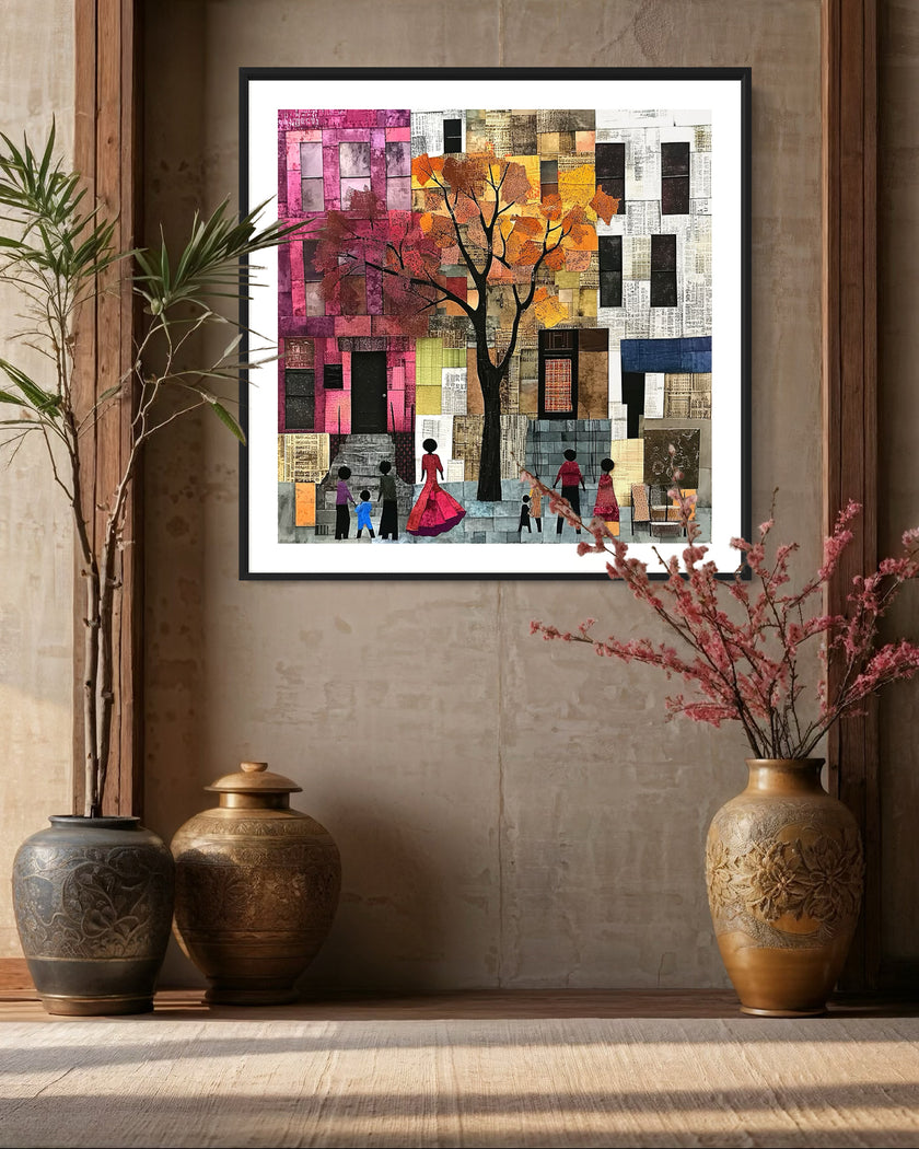 Afrocentric abstract art print capturing the vibrant energy of Harlem, featuring Black street life depicted through silhouette figures. Inspired by patchwork quilting, this piece blends geometric patterns, textured layers, and rich colors for a striking visual representation of everyday life in Harlem.