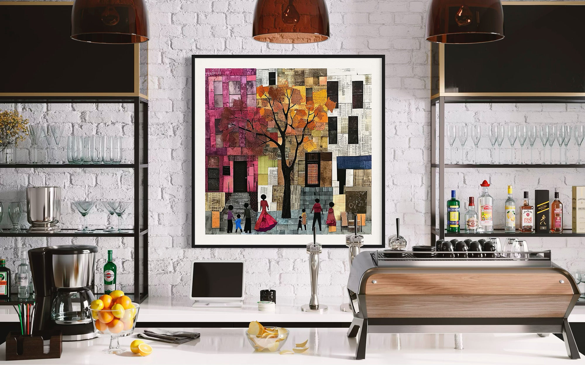 Afrocentric abstract art print capturing the vibrant energy of Harlem, featuring Black street life depicted through silhouette figures. Inspired by patchwork quilting, this piece blends geometric patterns, textured layers, and rich colors for a striking visual representation of everyday life in Harlem.