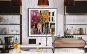 Afrocentric abstract art print capturing the vibrant energy of Harlem, featuring Black street life depicted through silhouette figures. Inspired by patchwork quilting, this piece blends geometric patterns, textured layers, and rich colors for a striking visual representation of everyday life in Harlem.