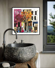Afrocentric abstract art print capturing the vibrant energy of Harlem, featuring Black street life depicted through silhouette figures. Inspired by patchwork quilting, this piece blends geometric patterns, textured layers, and rich colors for a striking visual representation of everyday life in Harlem.