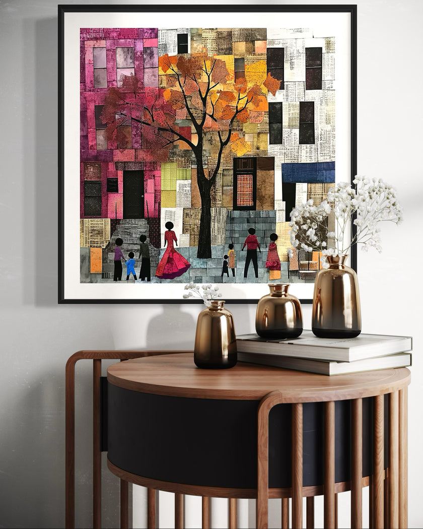 Afrocentric abstract art print capturing the vibrant energy of Harlem, featuring Black street life depicted through silhouette figures. Inspired by patchwork quilting, this piece blends geometric patterns, textured layers, and rich colors for a striking visual representation of everyday life in Harlem.