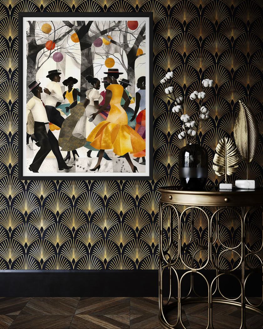 Juneteenth Party Celebration Art Print titled “Picnic in the Park,” featuring African American families and friends gathering outdoors with vibrant Afrocentric colors and patterns; joyful scene of music, food, and community celebrating freedom and heritage.