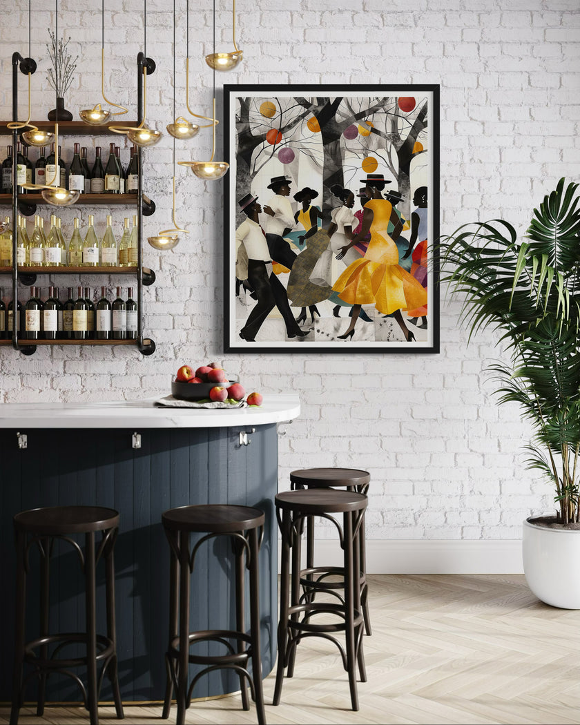 Juneteenth Party Celebration Art Print titled “Picnic in the Park,” featuring African American families and friends gathering outdoors with vibrant Afrocentric colors and patterns; joyful scene of music, food, and community celebrating freedom and heritage.