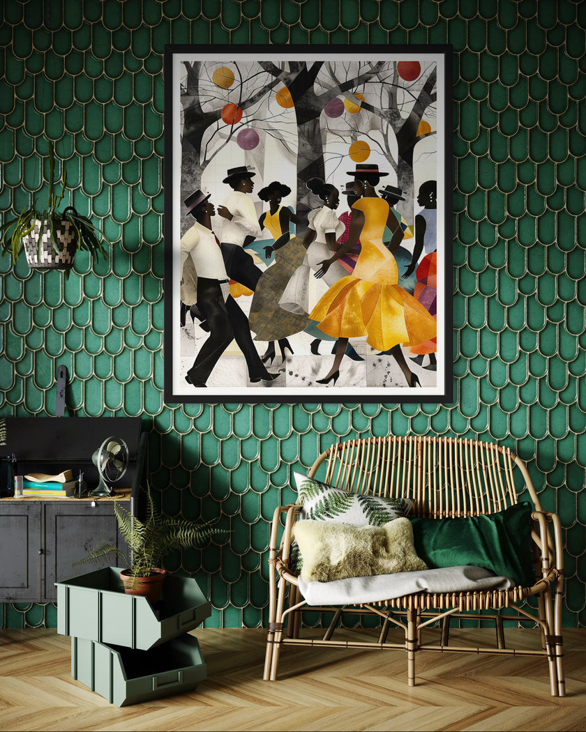 Black People Outdoor Picnic Family Reunion Wall Art - Style 13aJuneteenth Party Celebration Art Print titled “Picnic in the Park,” featuring African American families and friends gathering outdoors with vibrant Afrocentric colors and patterns; joyful scene of music, food, and community celebrating freedom and heritage.