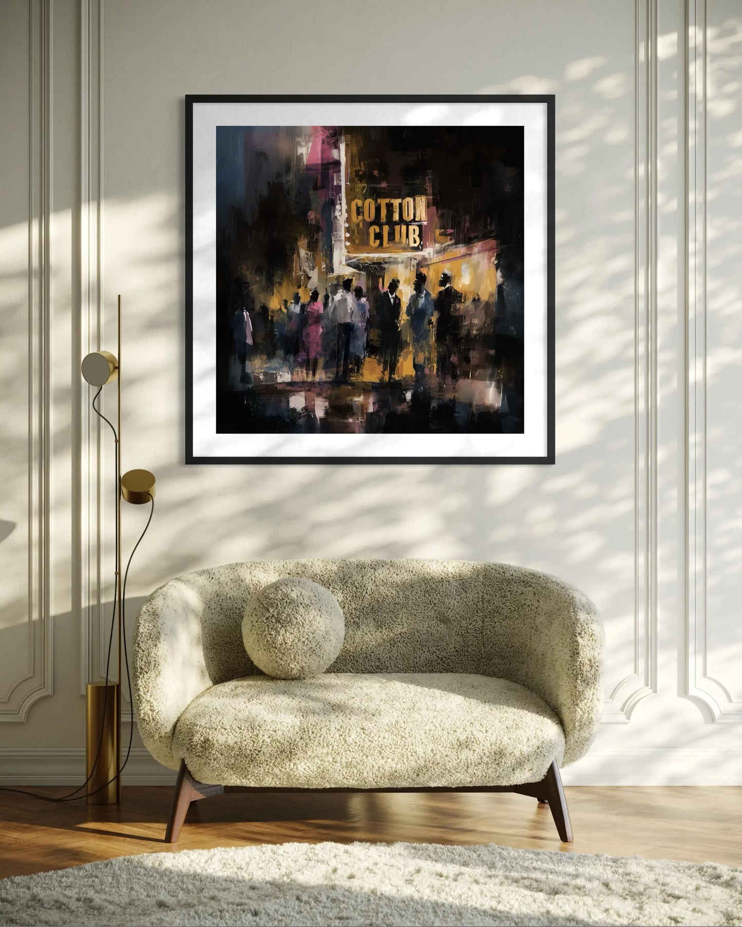 Harlem Cotton Club art print showing Black people standing outside the historic jazz nightclub with a glowing marquee at night in a Harlem Renaissance style street scene.