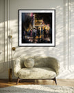 Harlem Cotton Club art print showing Black people standing outside the historic jazz nightclub with a glowing marquee at night in a Harlem Renaissance style street scene.
