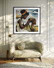 Black mother braiding her daughter’s hair sitting outside on a sunny day. Afrocentric art print showcasing hair care ritual, protective styling, and generational bonding.
