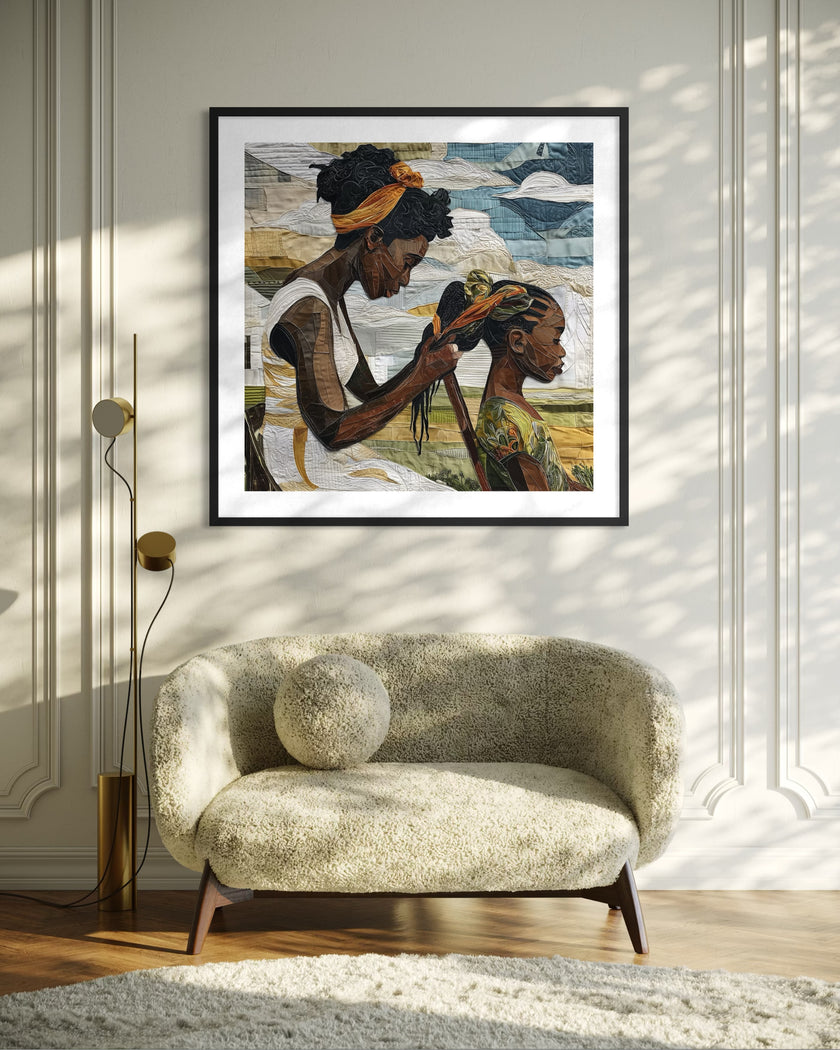 Black mother braiding her daughter’s hair sitting outside on a sunny day. Afrocentric art print showcasing hair care ritual, protective styling, and generational bonding.