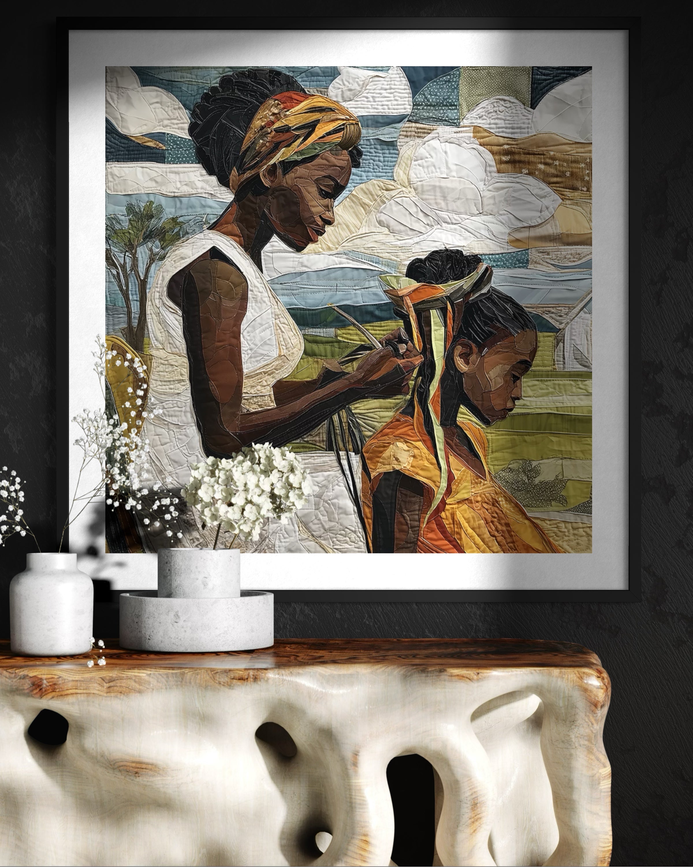 Black mother braiding her daughter’s natural hair outside under a sunny day.  Afrocentric art print showcasing hair care ritual, protective styling, and generational bonding.