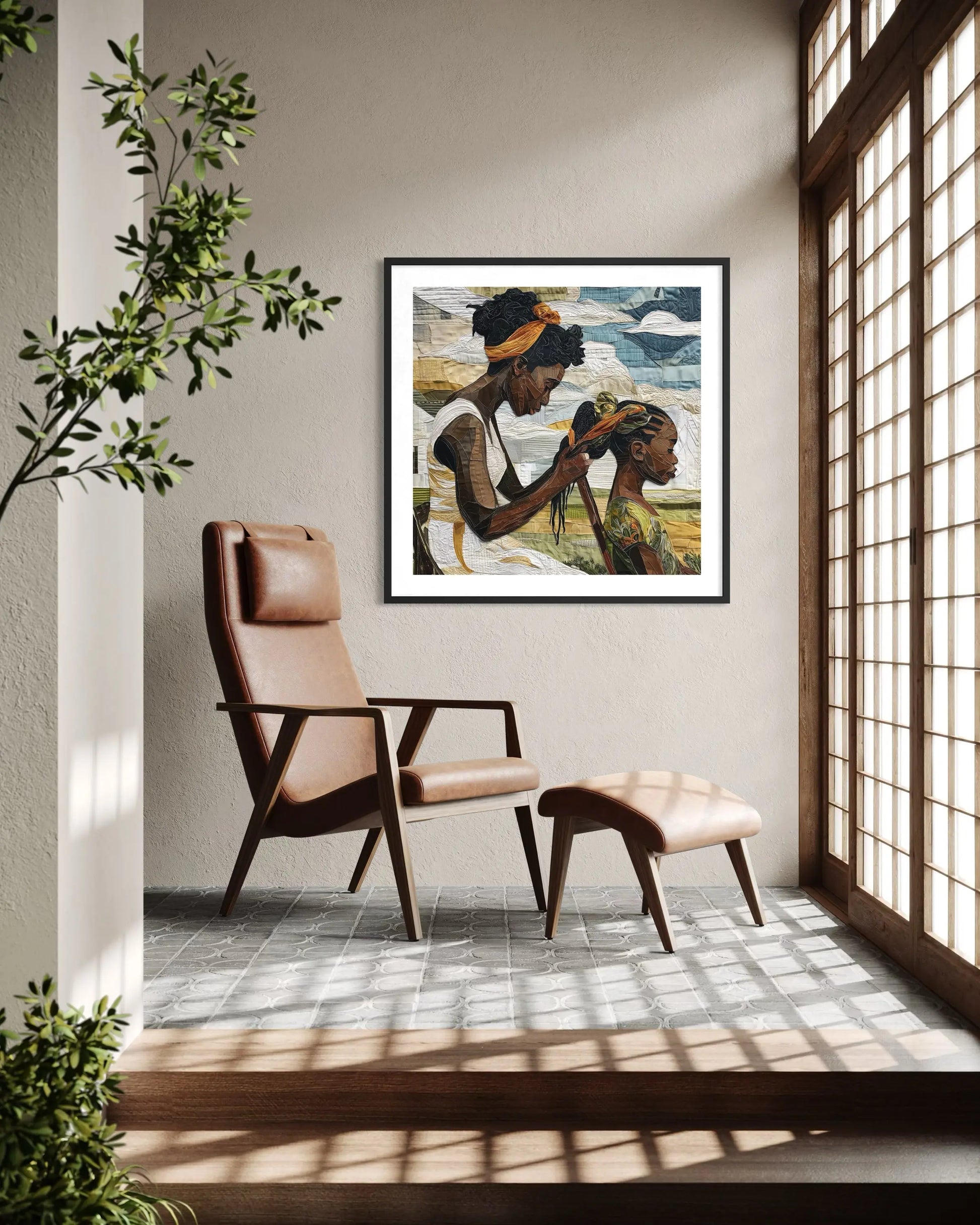 Black mother braiding her daughter’s hair sitting outside on a sunny day. Afrocentric art print showcasing hair care ritual, protective styling, and generational bonding.