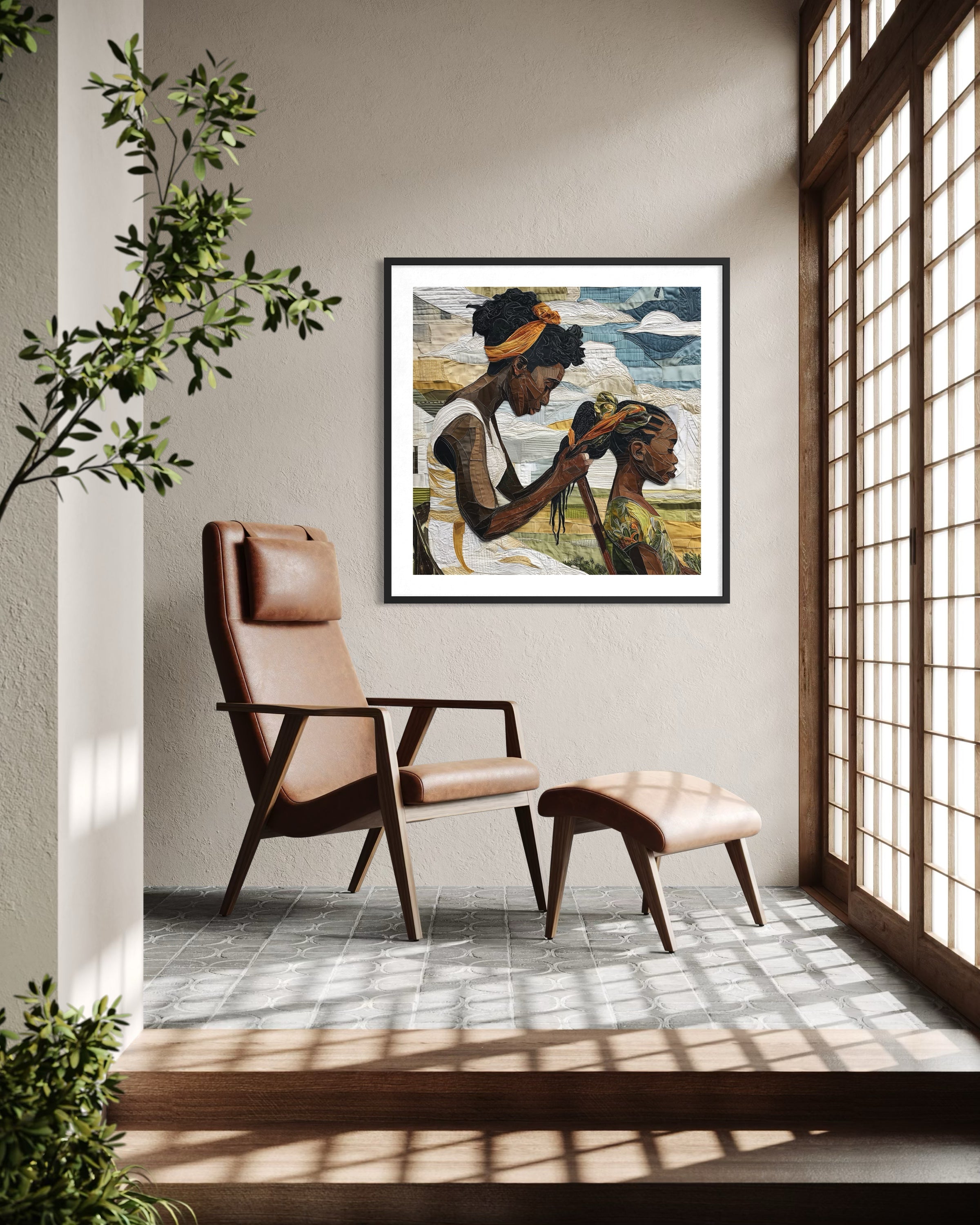 Black mother braiding her daughter’s hair sitting outside on a sunny day. Afrocentric art print showcasing hair care ritual, protective styling, and generational bonding.