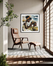 Black mother braiding her daughter’s hair sitting outside on a sunny day. Afrocentric art print showcasing hair care ritual, protective styling, and generational bonding.
