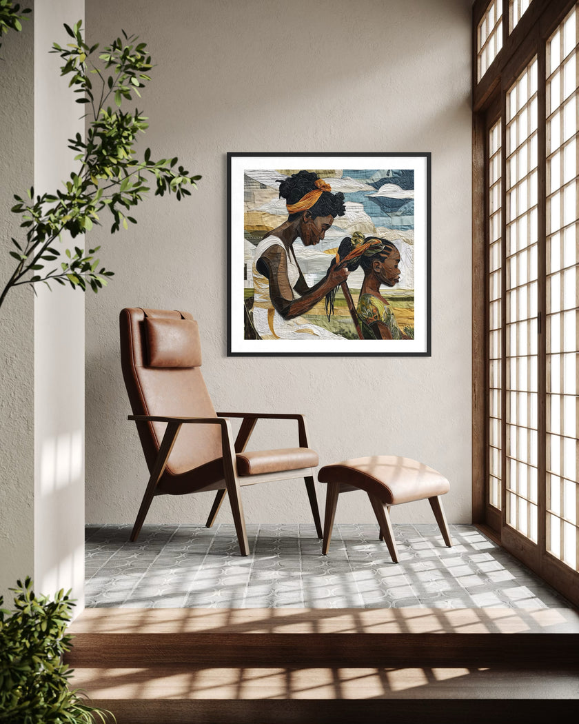 Black mother braiding her daughter’s hair sitting outside on a sunny day. Afrocentric art print showcasing hair care ritual, protective styling, and generational bonding.