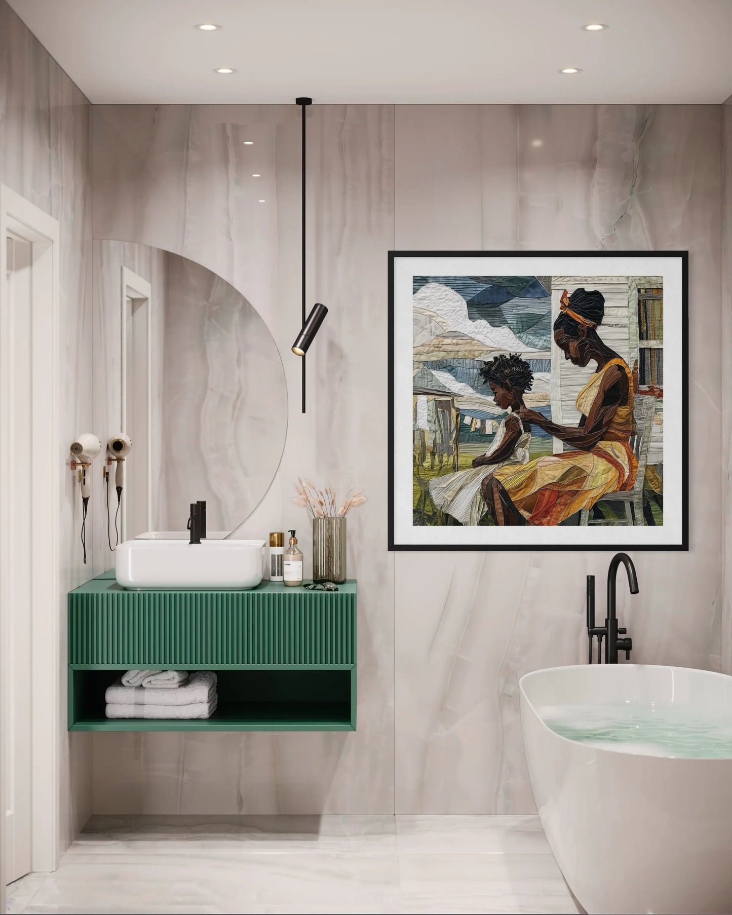 Black mother braiding her daughter’s natural hair in an intimate home setting, Afrocentric art print showcasing hair care ritual, protective styling, and generational bonding.