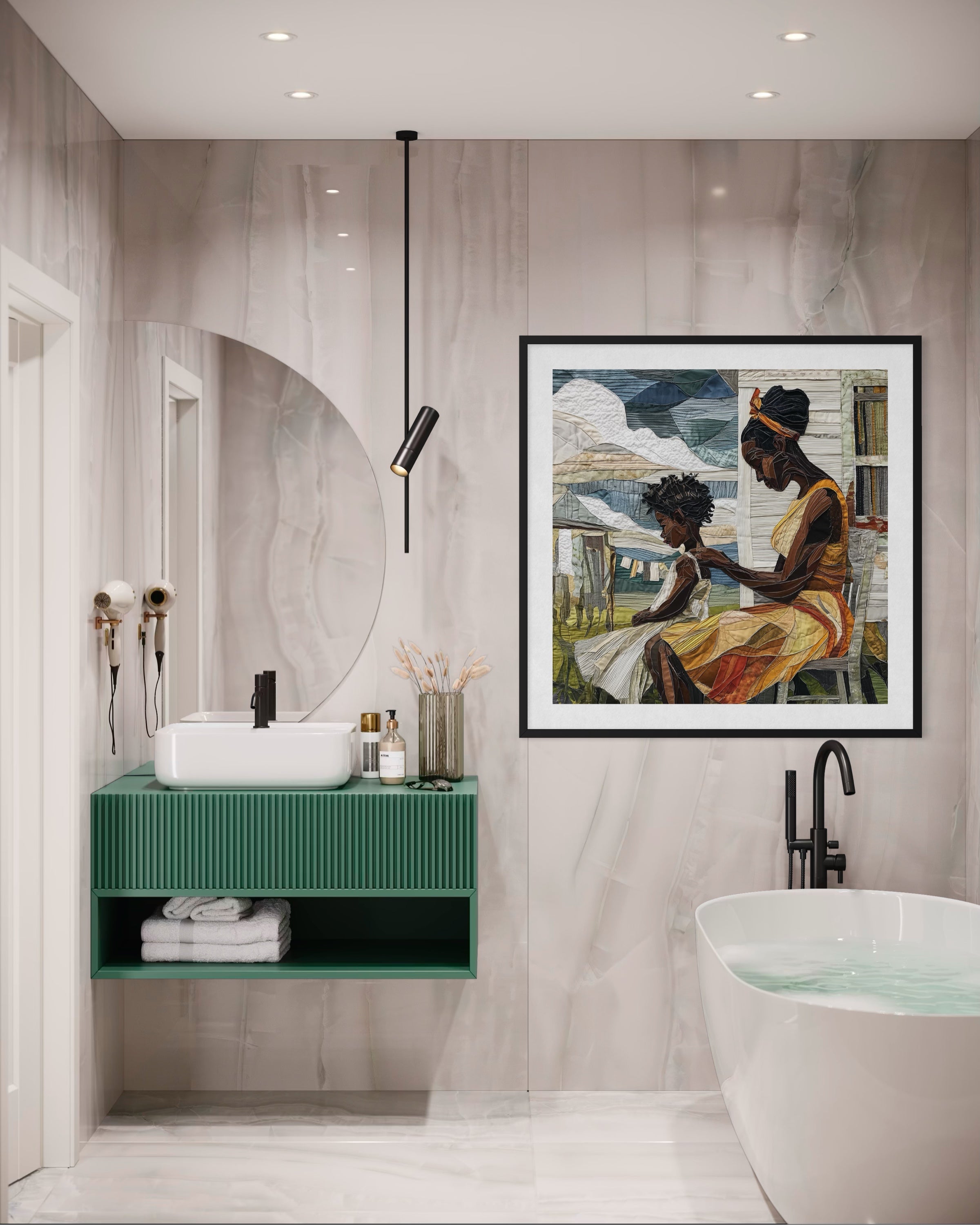 Black mother braiding her daughter’s natural hair in an intimate home setting, Afrocentric art print showcasing hair care ritual, protective styling, and generational bonding.
