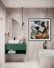 Black mother braiding her daughter’s natural hair in an intimate home setting, Afrocentric art print showcasing hair care ritual, protective styling, and generational bonding.