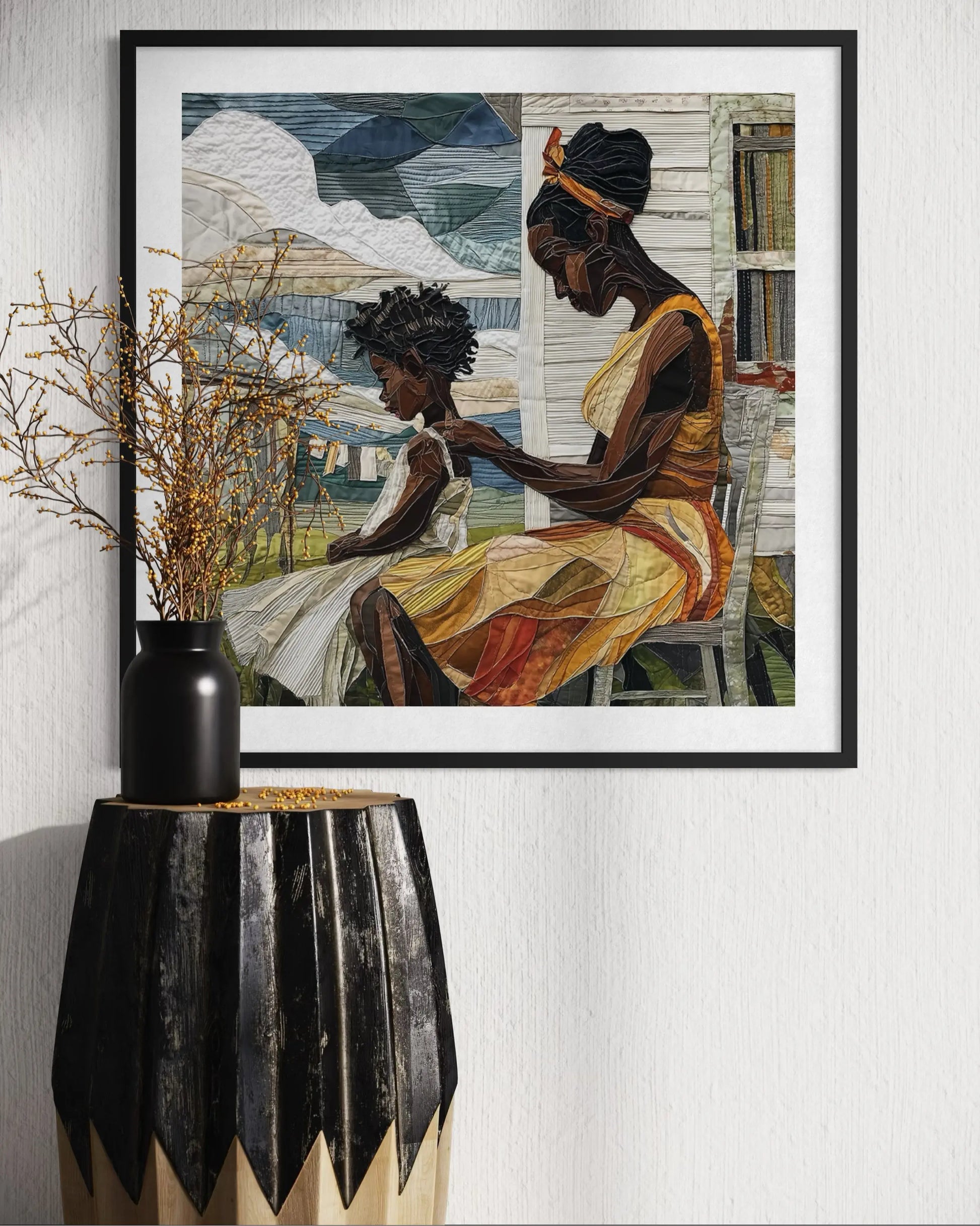 Black mother braiding her daughter’s natural hair in an intimate home setting, Afrocentric art print showcasing hair care ritual, protective styling, and generational bonding.