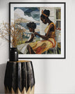 Black mother braiding her daughter’s natural hair in an intimate home setting, Afrocentric art print showcasing hair care ritual, protective styling, and generational bonding.