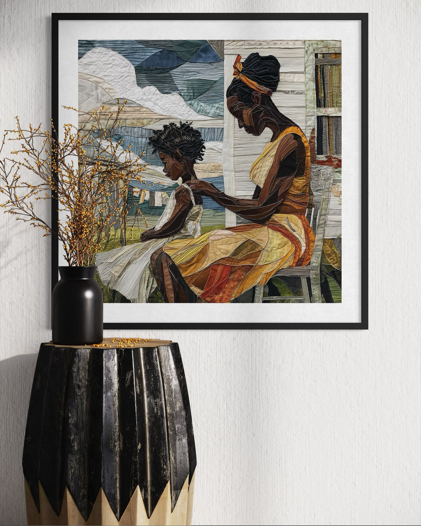 Black mother braiding her daughter’s natural hair in an intimate home setting, Afrocentric art print showcasing hair care ritual, protective styling, and generational bonding.