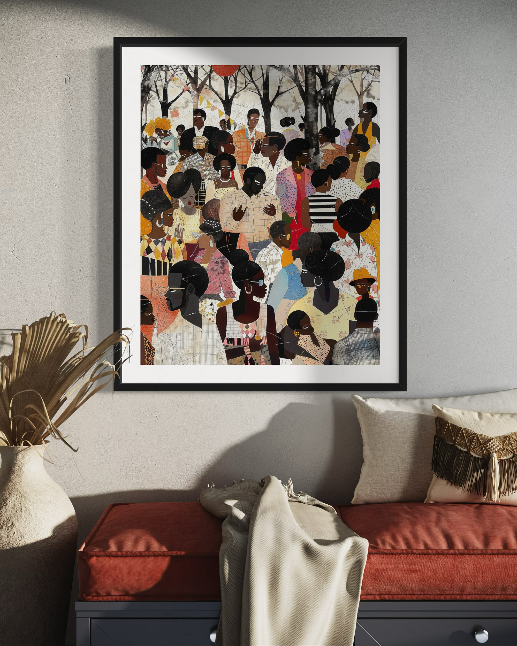 Juneteenth Art Print featuring an African American family reunion celebration in an Afrocentric outdoor setting. Vibrant digital artwork showcasing Black joy, unity, and heritage with bold colors representing freedom and cultural pride.