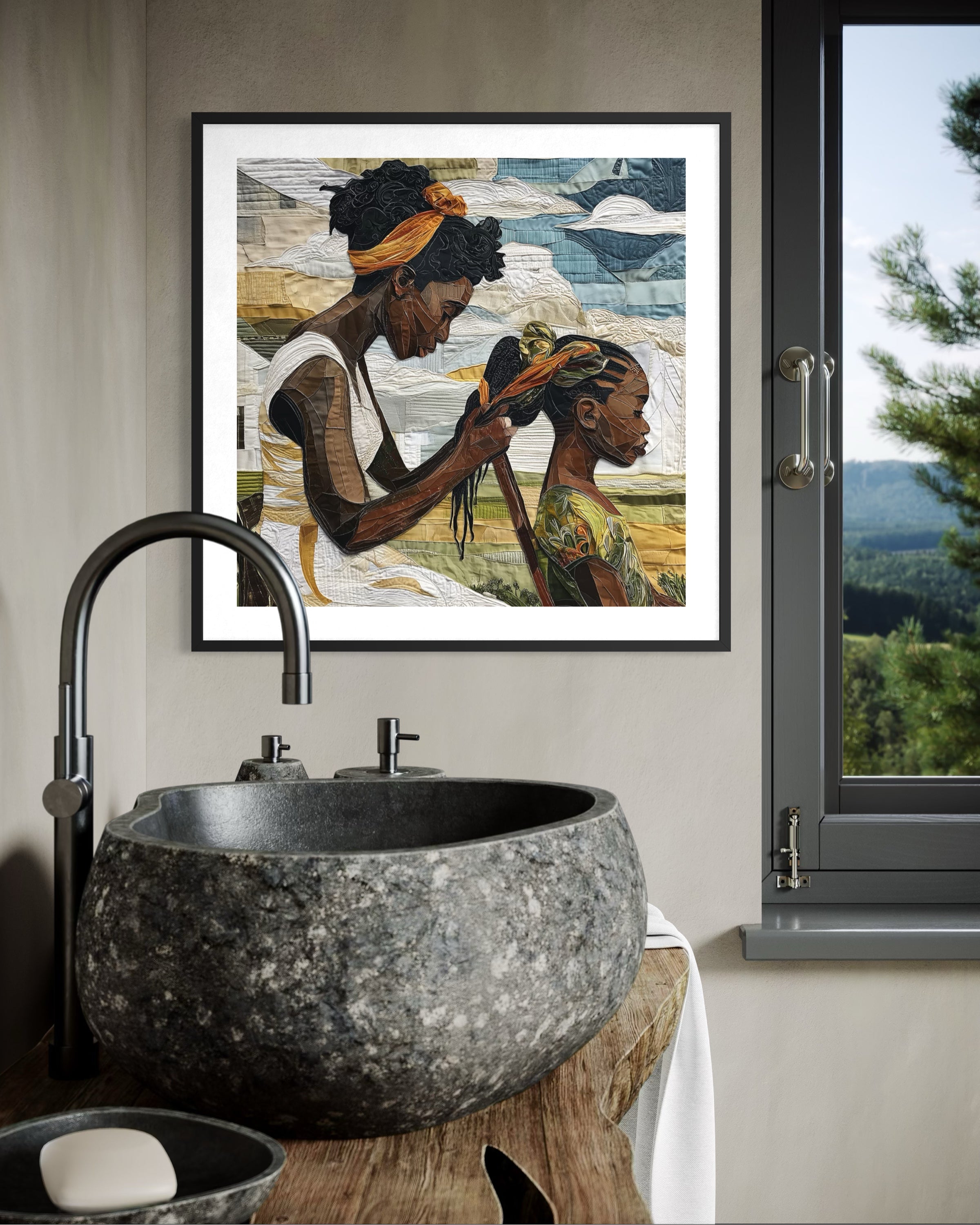Black mother braiding her daughter’s hair sitting outside on a sunny day. Afrocentric art print showcasing hair care ritual, protective styling, and generational bonding.
