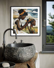 Black mother braiding her daughter’s hair sitting outside on a sunny day. Afrocentric art print showcasing hair care ritual, protective styling, and generational bonding.