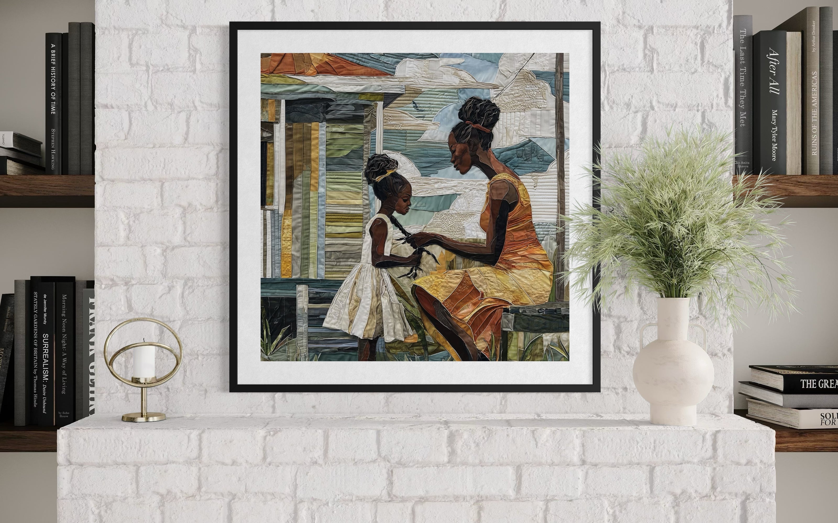 Black mother braiding her daughter’s hair sitting outside on a sunny day. Afrocentric art print showcasing hair care ritual, protective styling, and generational bonding.