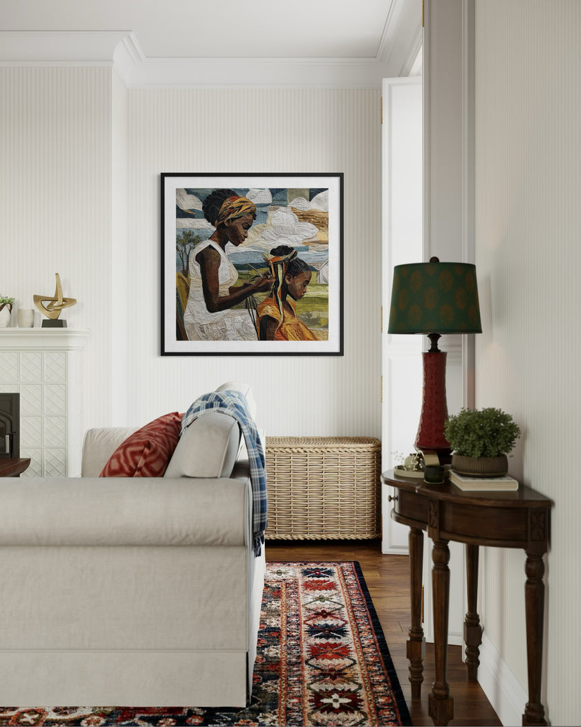 Black mother braiding her daughter’s natural hair outside under a sunny day.  Afrocentric art print showcasing hair care ritual, protective styling, and generational bonding.